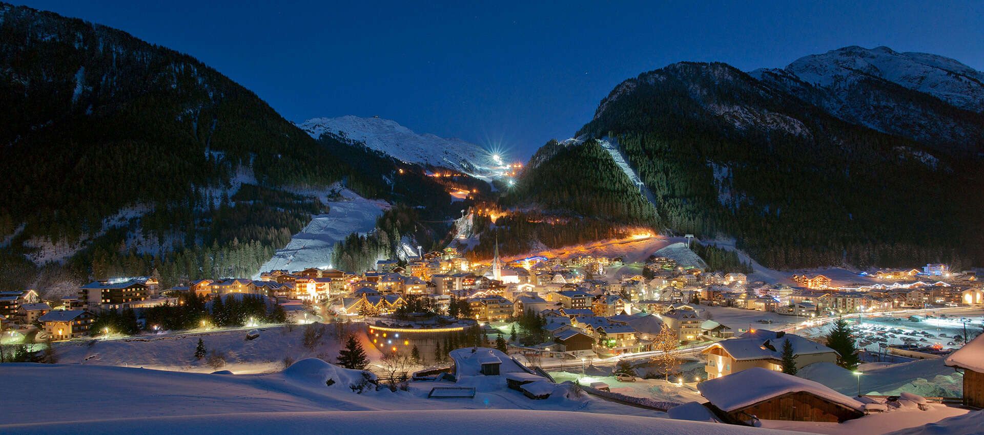 Town view of Ischgl in winter at night